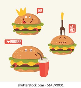 Funny fast food set. Vector illustration for restaurant menu design, card, sticker, avatar. Burger cartoon comic character. Food emoticon.