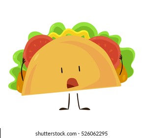 Funny fast food taco icon. Vector illustration for mexican restaurant menu design. Tortilla cartoon comic character. Lunch isolated on white background.