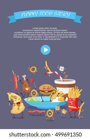 Funny fast food web banner. Smiling and dancing hamburger, french fries, pizza, sausage, chicken, onion rings. Flat illustration with cartoon characters for restaurant landing page. Order food online