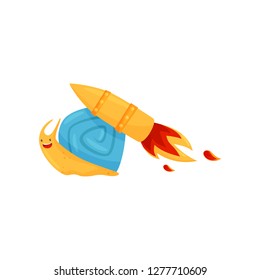 Funny fast snail, cute mollusk cartoon character with turbo speed booster and fire vector Illustration on a white background