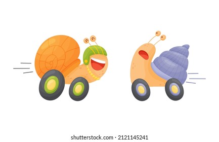Se ponen graciosos caracoles rápidos. Personajes de moluscos felices en la ilustración vectorial de ruedas