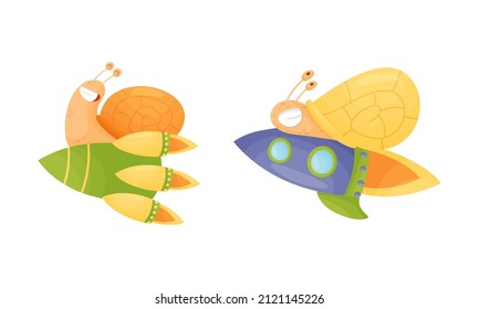 Funny fast snails set. Mollusk characters flying on rockets vector illustration
