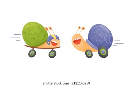 Se ponen graciosos caracoles rápidos. Caracteres moluscos en la ilustración vectorial de ruedas