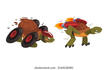 Funny fast turtles on wheels cartoon vector illustration