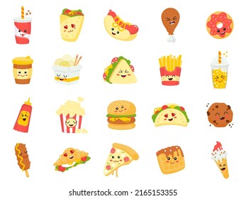 Funny fastfood cartoons set. Smiling fast food characters with eyes and mouth isolated on white background. Happy burgers, pizza, donut, hot dog, noodles, cookie. Vector illustration