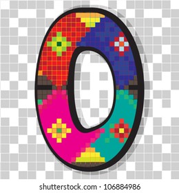 Funny fat 0 figure decorated with abstract ethno pixel-art model over neutral mosaic