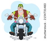 funny fat biker with teeth grin rushes on a motorcycle, cartoon