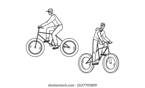 funny fat biking man vector. guy sport, fun crazy, outdoors downhill funny fat biking man character. people black line pencil drawing illustration