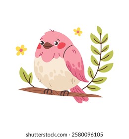 Funny fat bird on branch with flowers. Pink feathers, wings. Drawing spring bird, vector isolated illustration