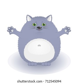 Funny fat blue cat on white background. Vector illustration of a happy pet
