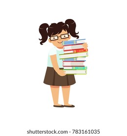 Funny fat boy carrying stack of books. Nerd female character with two pony tails in glasses, blouse and skirt. Smart kid in library. Flat vector design