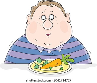 Funny fat boy sitting with a sad look before his modest dinner with carrot, vector cartoon illustration isolated on a white background