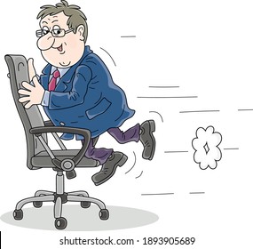 Funny fat businessman riding on his task chair around an office, vector cartoon illustration on a white background