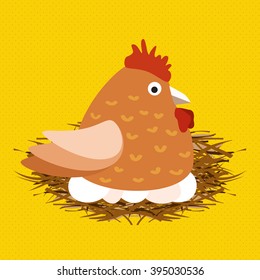 Funny fat cartoon brown chicken sitting on eggs in her nest.