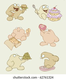Funny fat cartoon character in six vector illustrations