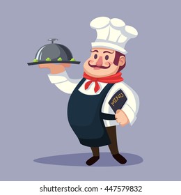 Funny fat cartoon Chief cook character with delicious dish illustration