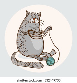 funny fat cat with ball of yarn vector illustration