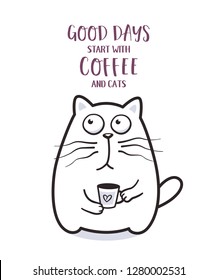 Funny fat cat with coffee mug for greeting card design t-shirt print or poster