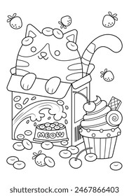 Funny fat cat coloring page. Cute cat vector illustration cartoon. Cat in cereal box.