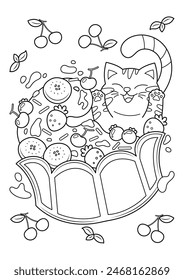 Funny fat cat coloring page. Cute cat vector illustration cartoon. Cat with fresh fruit ice cream.
