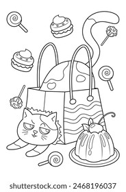 Divertida página para colorear gato gordo. Lindo dibujo animado de la Ilustración vectorial del gato. Gato en bolsa de papel. Gato y pudín.
