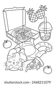 Divertida página para colorear gato gordo. Lindo dibujo animado de la Ilustración vectorial del gato. Gato con pizza y té de leche de burbuja. Gato durmiente. 
