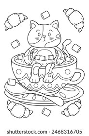 Funny fat cat coloring page. Cute cat vector illustration cartoon. Cat in coffee cup. 
