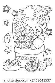 Funny fat cat coloring page. Cute cat vector illustration cartoon. Cat eating cookie and bread.
