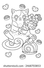 Funny fat cat coloring page. Cute cat vector illustration cartoon. Cat with ice cream and cake roll.
