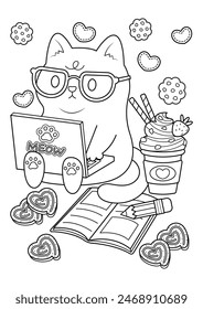Funny fat cat coloring page. Cute cat vector illustration cartoon. Cat working on laptop.
