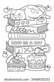 Funny fat cat coloring page. Cute cat vector illustration cartoon. Cat laying on book stack.
