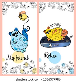 Funny fat cat.
Cute cartoon cat for magazine, book, flyer, poster, card, postcard, children invitation, web pages