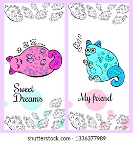 Funny fat cat.
Cute cartoon cat for magazine, book, flyer, poster, card, postcard, children invitation, web pages