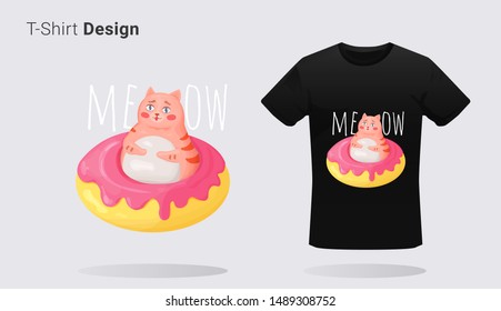 Funny fat cat in donuts. Print on T-shirts, sweatshirts, cases for mobile phones, souvenirs. Vector illustration with slogan meow