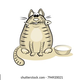 Funny fat cat with eaten fish skeleton and a bowl. Cartoon vector illustration isolated.