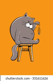 Funny fat cat finishing fish vector illustration