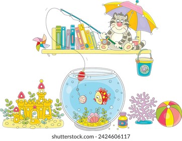 Funny fat cat fisherman sitting on a bookshelf with a fishing-rod and catching a small tropical fish swimming in a round home aquarium among summer sea souvenirs, vector cartoon illustration