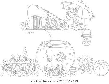 Funny fat cat fisherman sitting on a bookshelf with a fishing-rod and catching a small tropical fish swimming in a round home aquarium among summer sea souvenirs, vector cartoon illustration