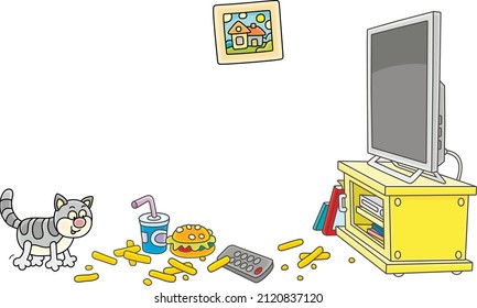 Funny fat cat in good mood walking through a room with a TV set and snacks scattered all over after watching a merry television show, vector cartoon illustration isolated on a white background