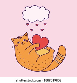 Funny fat cat with heart and cloud. Doodle Saint Valentine day greeting card. Hand drawn vector illustration.