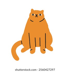 Funny fat cat looking. Cute mem feline in awkward pose, staring with curious expression, clumsy posture, humorous behavior. Comic kitty waiting. Flat vector illustration isolated on white background