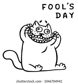 Funny fat cat makes a comic face. The April holiday is a fool's day. Vector Illustration.