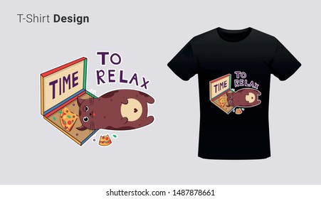 Funny fat cat with pizza. Print on T-shirts, sweatshirts, cases for mobile phones, souvenirs. Vector illustration with slogan time to relax