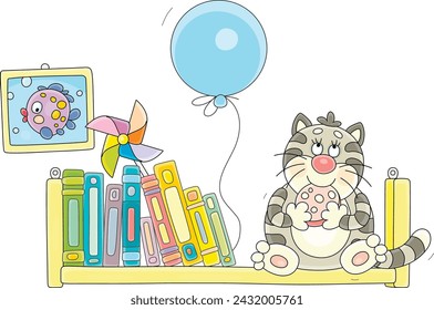 Funny fat cat sitting on a bookshelf among books and eating a piece of a very tasty sausage stolen from a kitchen table, vector cartoon illustration