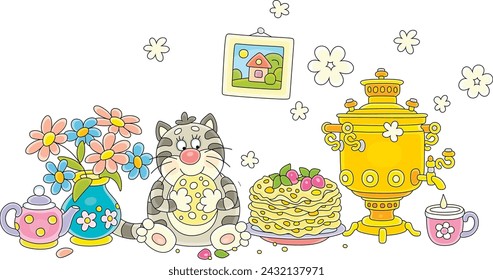 Funny fat cat sitting on a kitchen table with a beautiful tablecloth, a teapot and a hot samovar, eating tasty freshly baked pancakes and drinking sweet tea, vector cartoon illustration on white