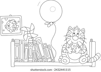 Funny fat cat sitting on a bookshelf among books and eating a piece of a very tasty sausage stolen from a kitchen table, black and white outline vector cartoon illustration for a coloring book