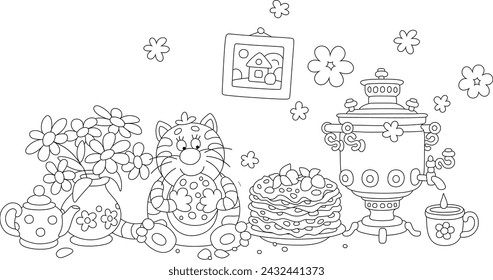 Funny fat cat sitting on a kitchen table with a beautiful tablecloth, a teapot and a hot samovar, eating tasty freshly baked pancakes and drinking sweet tea, black and white vector cartoon