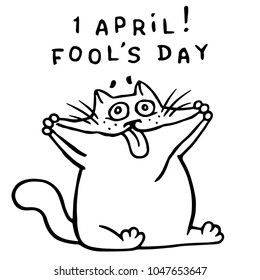 Funny fat cat stretched his cheeks and shows his tongue. The April holiday is a fool's day. Vector Illustration.