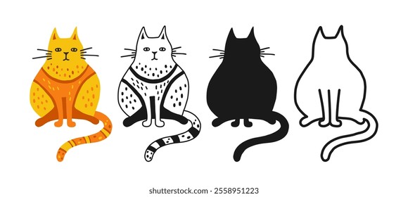 Funny fat cat symbol cartoon set. Abstract hand drawn comic kitten linear icon. Stylized pet animal childish collection. Sign doodle or silhouette funny cat for logo tattoo. Vector illustration