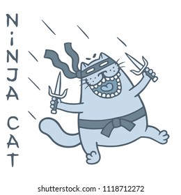Funny fat cat warrior shadow attacks with two daggers. Cartoon animal character. Vector illustration.